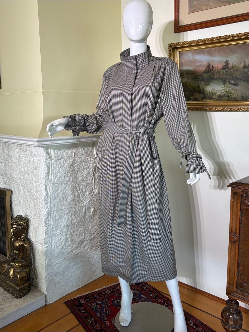 H&M Houndstooth Belted Trench Coat Dress Stand Up Collar - Size 14 - Picture 2 of 10